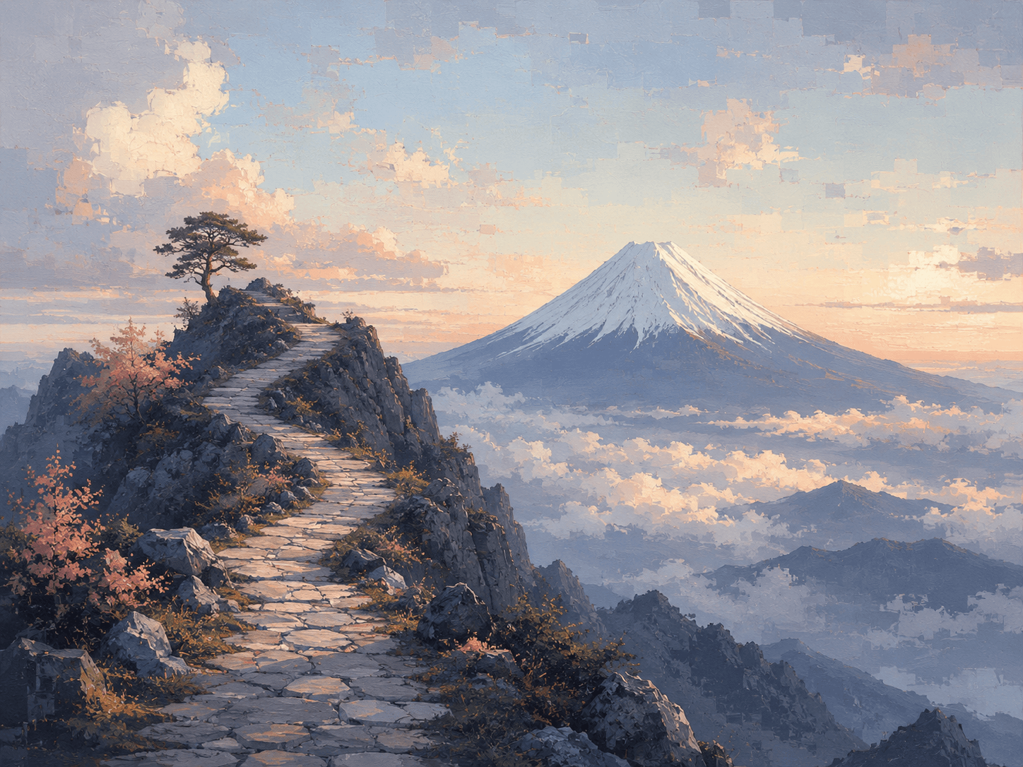 A stone path climbing toward Mount Fuji at sunrise